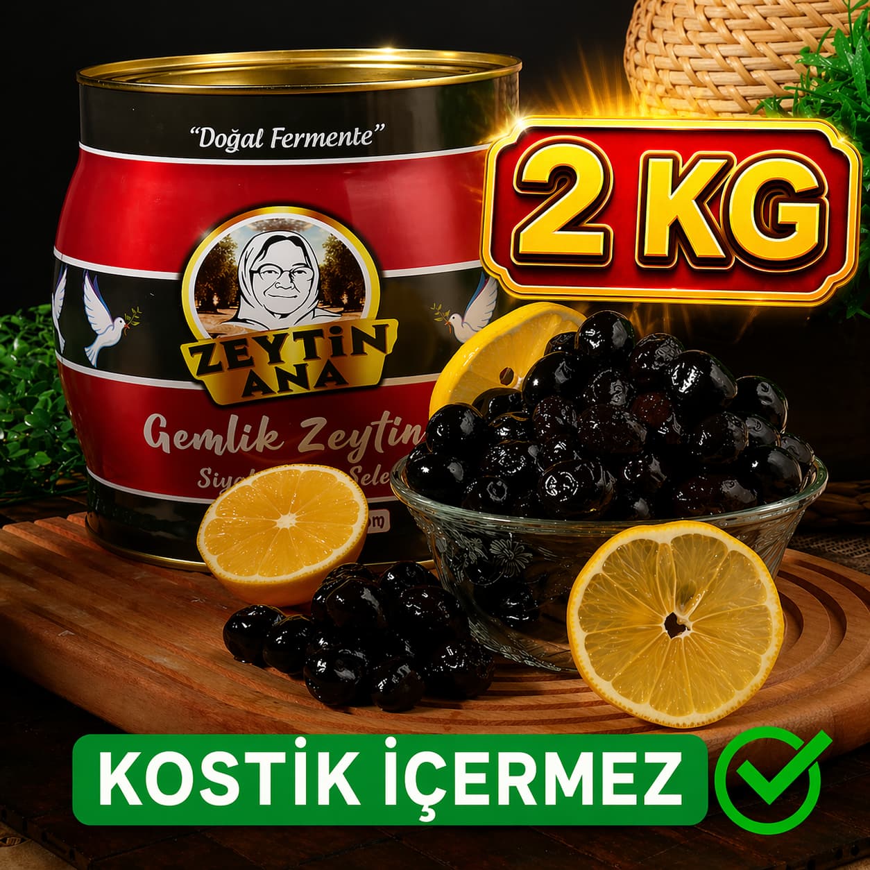 Gemlik Zeytini Kehribar 2 KG [Kostik İçermez]