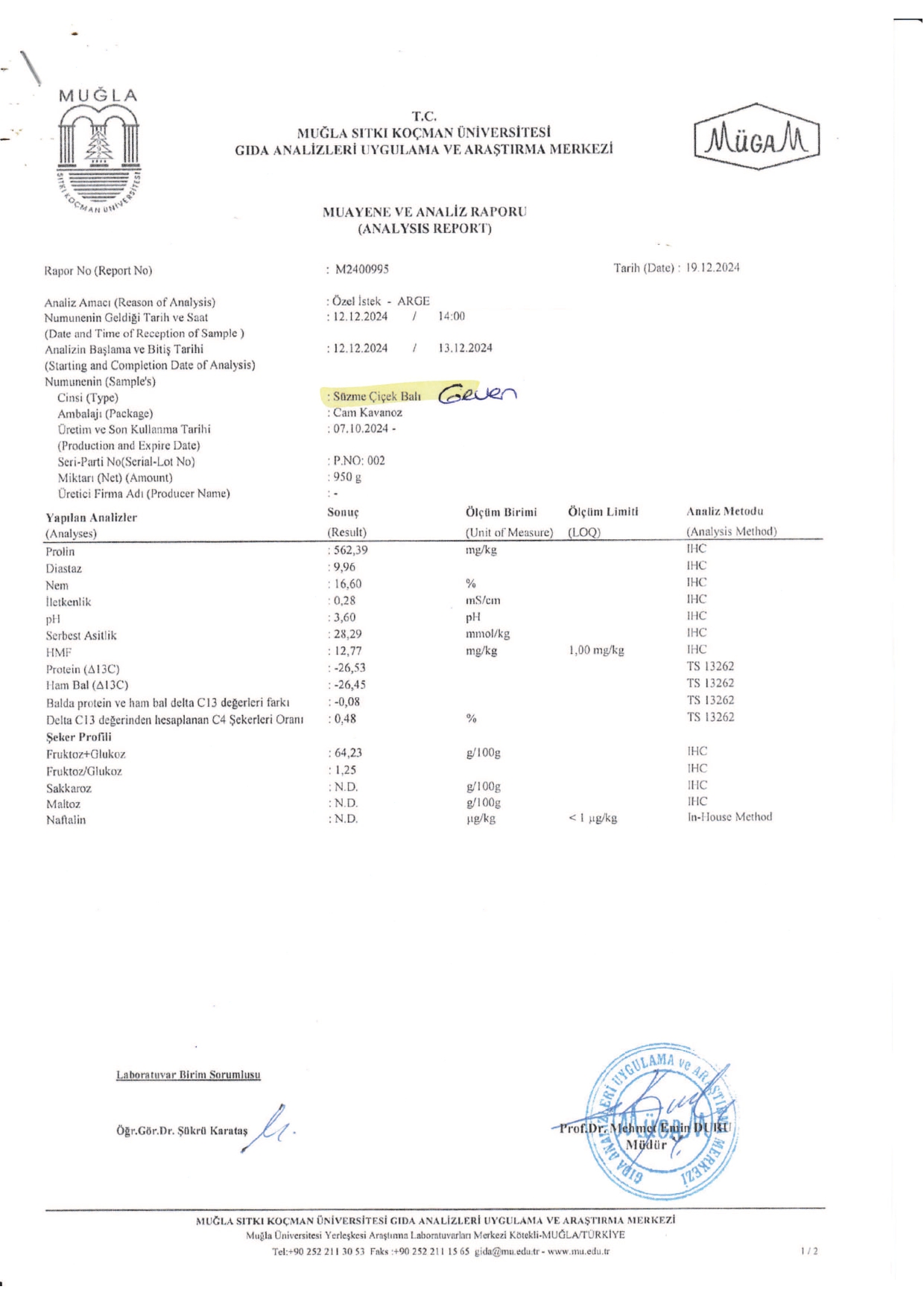 Analiz Raporlu Yöresel Geven Balı 860 gr